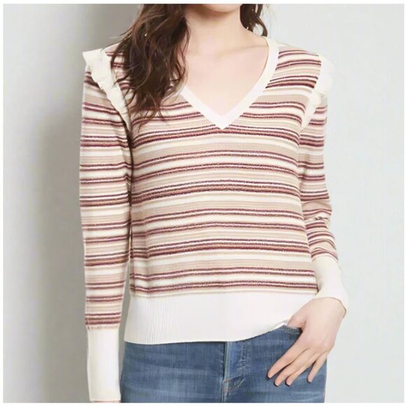 Joie Wool Cashmere Sweater Womens Large V-Neck Stripe Ruffle Beige Multi - Picture 1 of 8